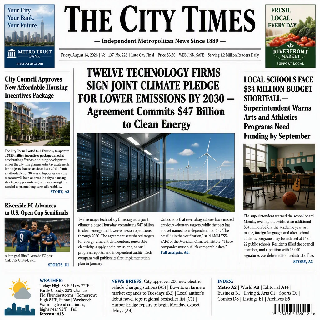 Generated English newspaper with dense columns of text